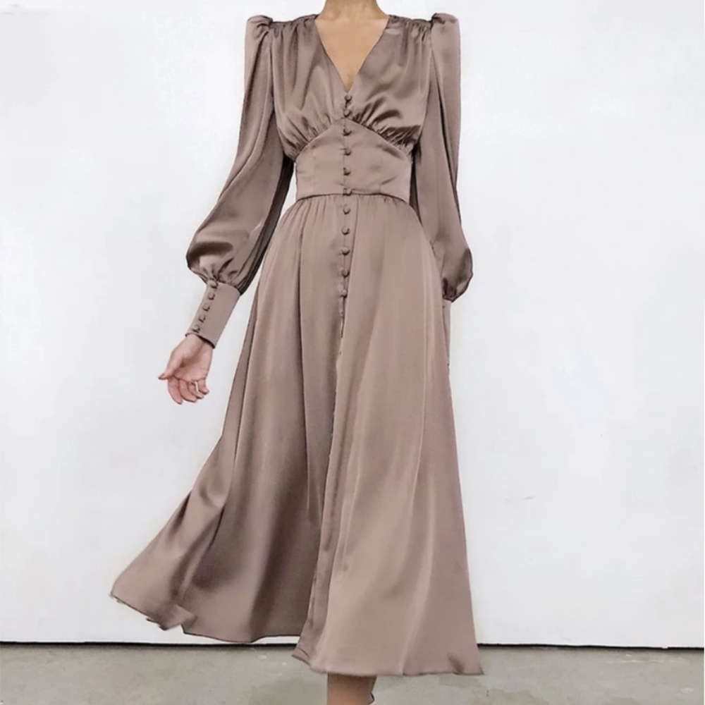 NWT Sexy Satin Long Sleeve Button Midi Dress S:Small